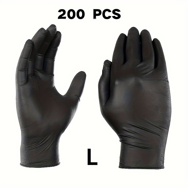 This pack includes 200 black disposable nitrile gloves that are powder and latex-free. They are waterproof and suitable for various activities such as kitchen cooking, bathroom and living room cleaning, pet outdoor use, tattoos, condiments, and haircuts.