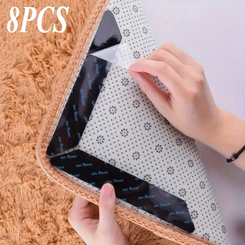 8 pieces of PPSU non-slip carpet gripper pads with double-sided PU adhesive that are washable and invisible. These fixation stickers are perfect for preventing rugs from moving in entryways, rooms, and bedrooms. Ideal for multi-purpose use.