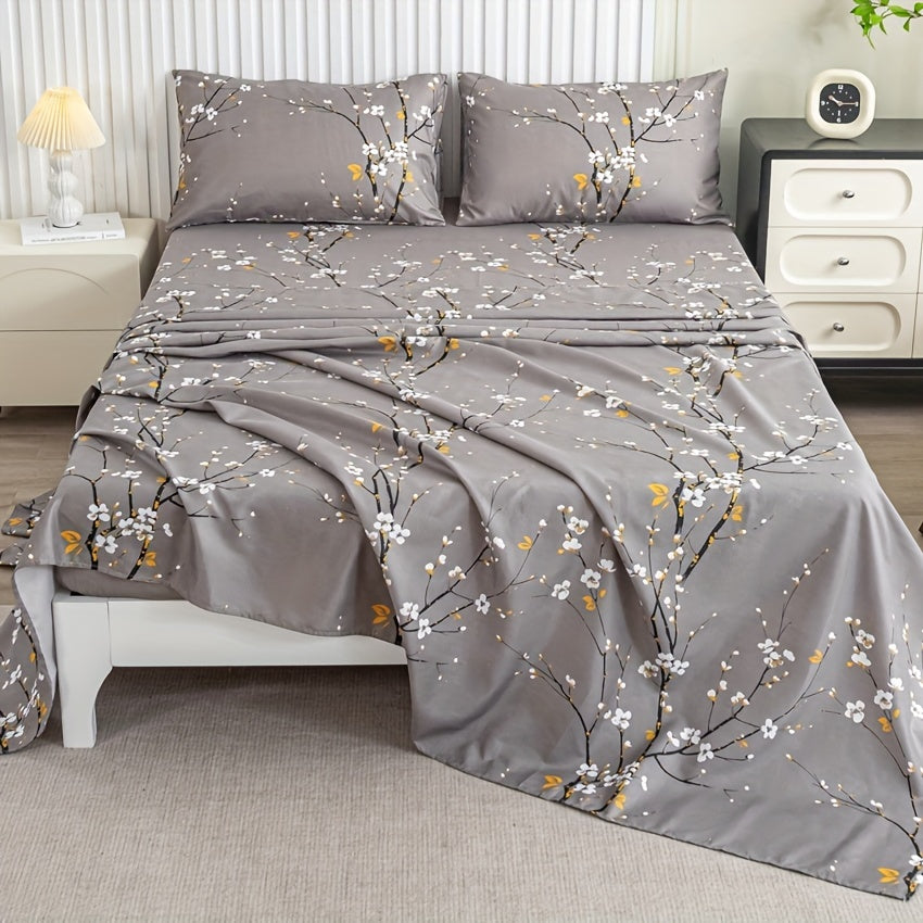 Floral Branch Fitted Sheet Set with 4 pieces, made of soft microfiber with deep pocket fitted sheet and included pillowcases. No core.