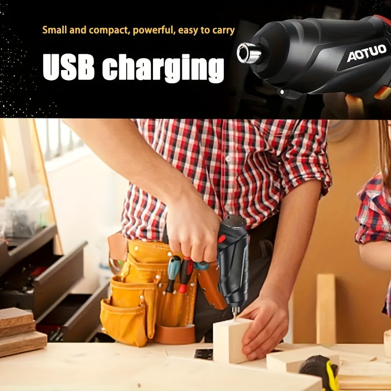 14-piece cordless electric screwdriver set with lithium battery, USB rechargeable, 90° rotatable hand drill, LED light, and self-lock chuck for home repair.