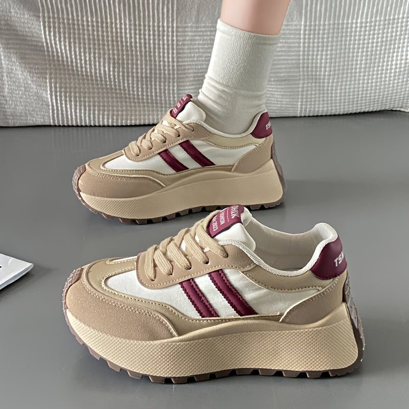 Women's Chunky Sneakers 2024, Striped Low Top Athletic Shoes with Fabric Upper, Lightweight PVC Sole