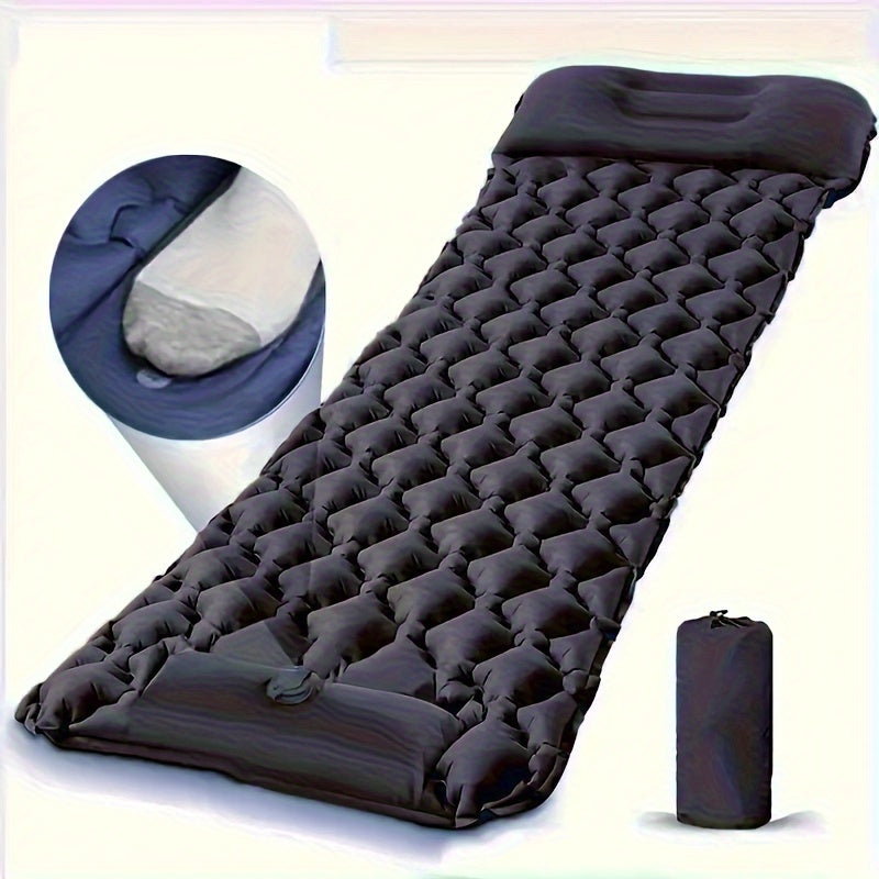 Portable inflatable camping air mattress with foot pump, durable TPU material; includes repair kit and carrying bag. Ideal for outdoor travel and picnics.