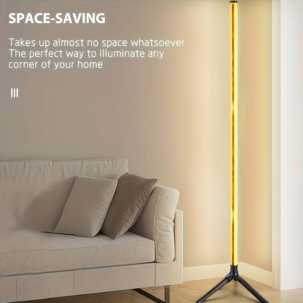 Shustar smart floor lamp features RGB lighting and remote control. Ideal for living rooms, bedrooms, and game rooms.  USB-powered with Scandinavian design.