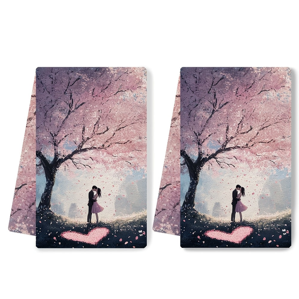 Kitchen Towels Ultra Soft, Set of 2, Featuring a Romantic Scene Under a Cherry Blossom Tree with Petals Falling as a Couple Kisses Beside a Heart Drawn in the Grass. Highly Absorbent Dish Hand Towels for Holiday Decor. Machine Washable, Measures 16x24