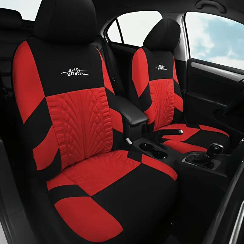 Durable polyester car seat covers for 5-seater vehicles with stylish red/black or blue/black patterns, suitable for cars, trucks, and SUVs. Easy to wash by hand or dry clean.