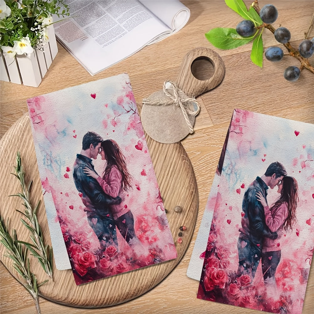 Set of 2 Ultra Soft Kitchen Towels Featuring Romantic Cherry Blossom & Heart Design, Exceptionally Absorbent, Easily Washable Dish Hand Towels. Ideal for Valentine's Day Decor, measuring 40.64x60.96 cm. Perfect Addition to Your Dish Towel Collection.