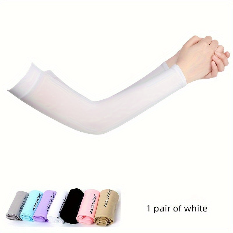 Protective arm sleeves made of high-elastic nylon ice fabric provide UV protection for various outdoor activities such as driving, fishing, running.