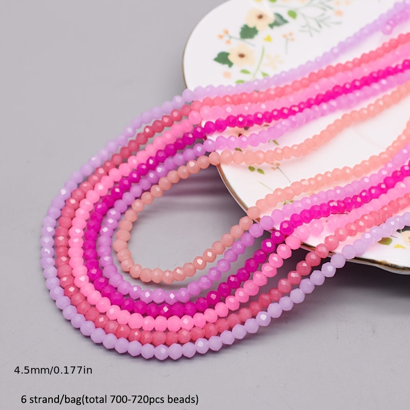 720 pieces of faceted glass rondelle beads measuring 4mm each, sold in a convenient bag. Perfect for crafting jewelry, DIY projects, and adding embellishments to clothing items such as necklaces, bracelets, and more.