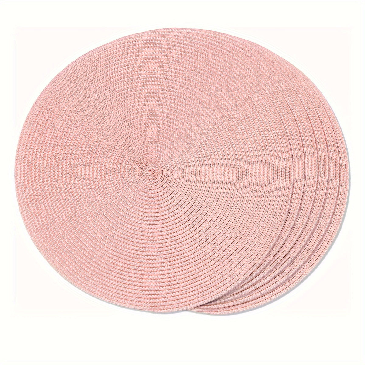 6 round woven PP placemats 38.1cm in size, washable, non-slip, insulated, ideal for table decoration at home or holiday parties.