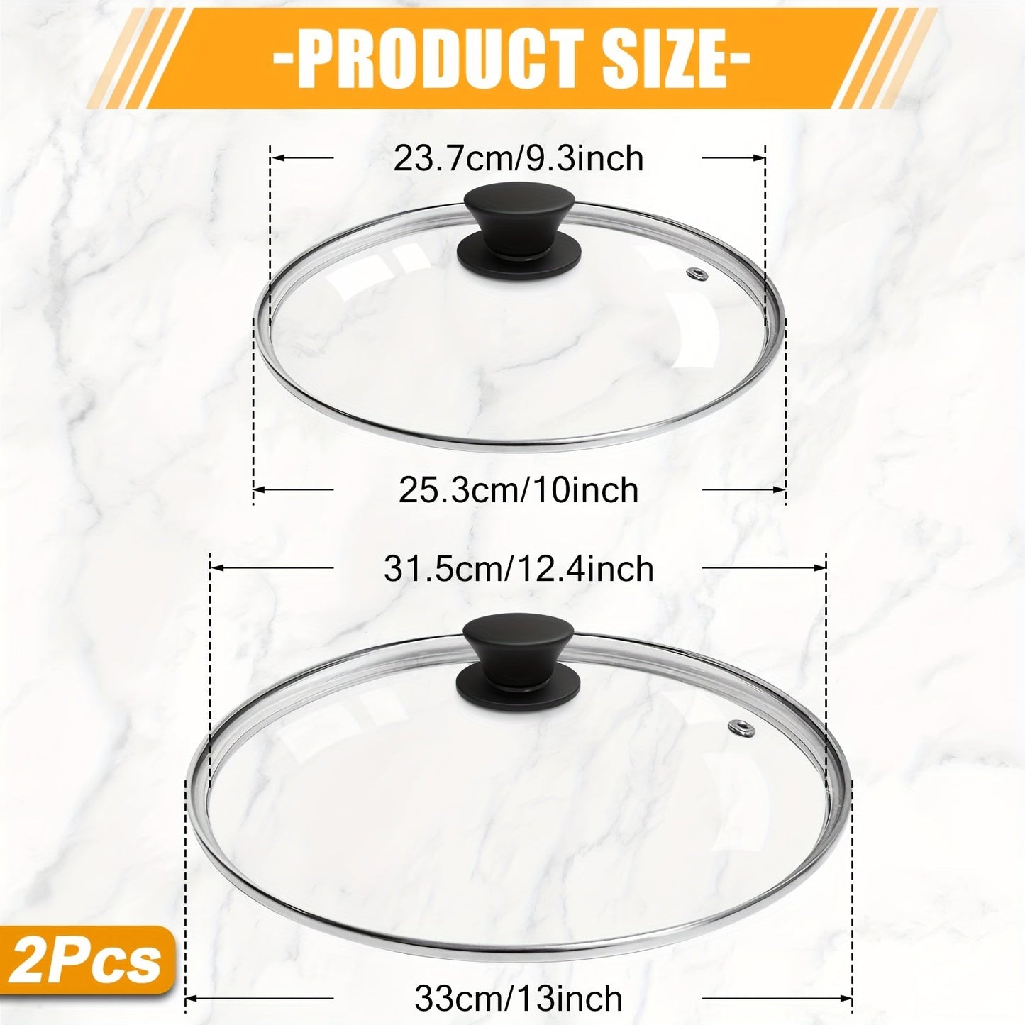 Clear Universal Glass Lid in Transparent Color, suitable for Frying Pan, Flat Bottom Pot, and Cast Iron Pot, available in sizes 10in/25.3cm, 13in/33cm, 12.2in/31cm, and 14.5in/36.8cm.