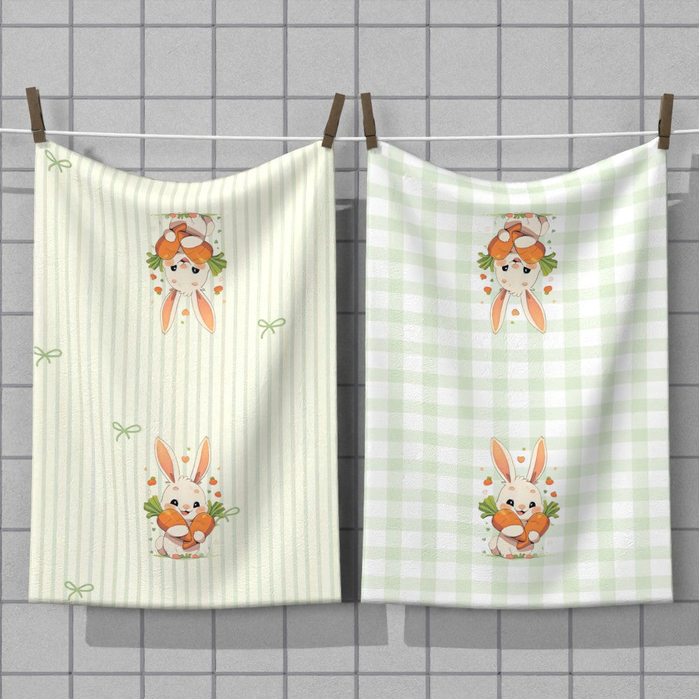 Two pieces of high-quality tea towels featuring a rabbit and carrot design, measuring 45.72x66.04cm. Made of soft, quick-dry polyester, these towels are highly absorbent and machine washable. The modern design boasts vibrant colors, making them ideal for