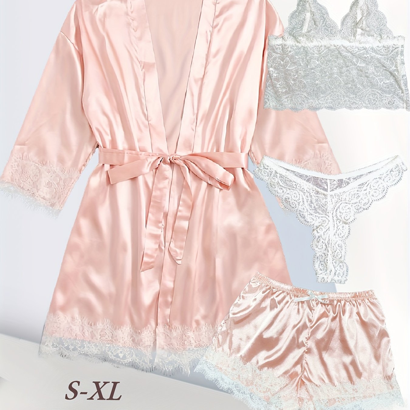 Satin lounge set with lace, robe, cami bra, thongs, and shorts for women.