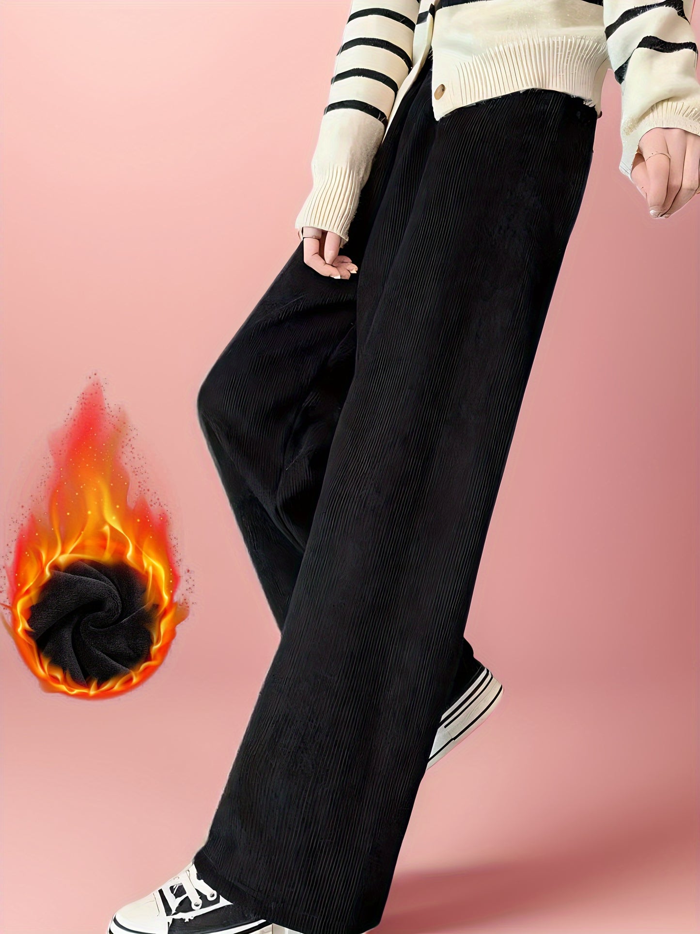 Warm and cozy fleece-lined winter pants for women, with wide legs and soft polyester blend for cold weather comfort.