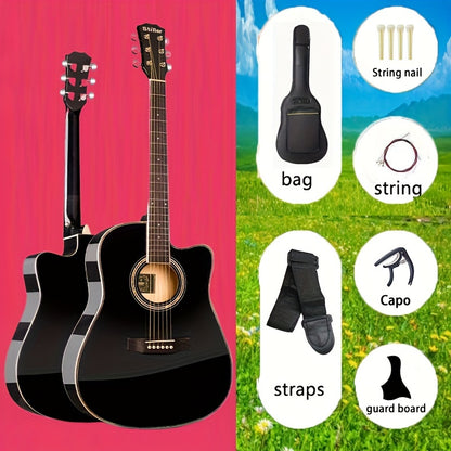 DLASO Beginner Acoustic Guitar 101.6cm with Rosewood Fingerboard, Spruce Top, Maple Neck, and Basswood Back & Sides. Includes bag, straps, pick, connecting line, and tuner.