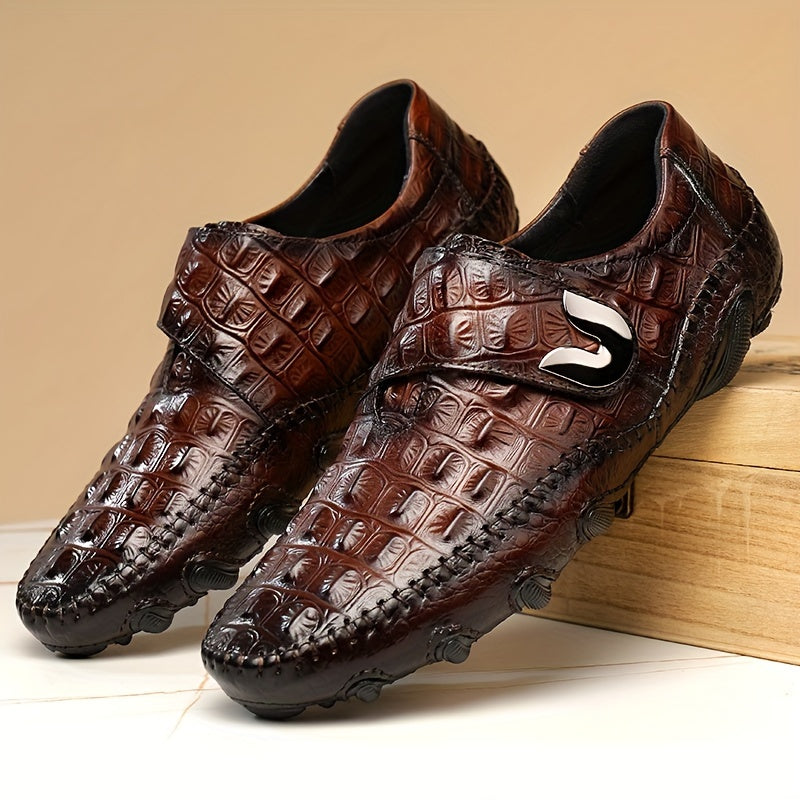 Men's Croc Effect Loafer Shoes with Hook and Loop Fastener, Comfy Non-slip Slip On Footwear.