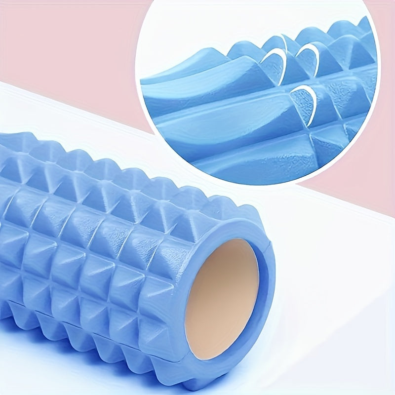 Compact and durable mini foam roller with EVA massage bumps for deep tissue relief. Ideal for yoga, Pilates, and gym workouts. Available in pink, purple, and blue.