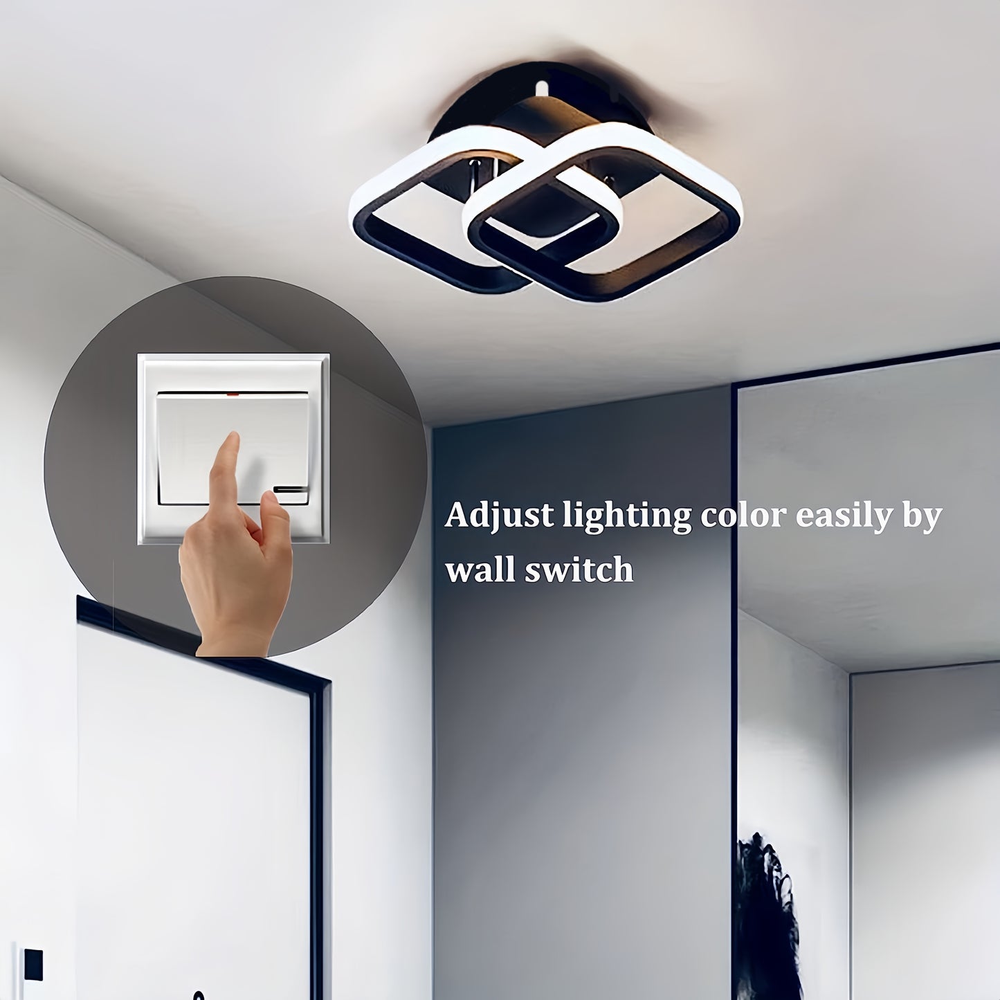 LED ceiling light fixture with ABS shade, suitable for various rooms, wide voltage range, hardwired with switch control.