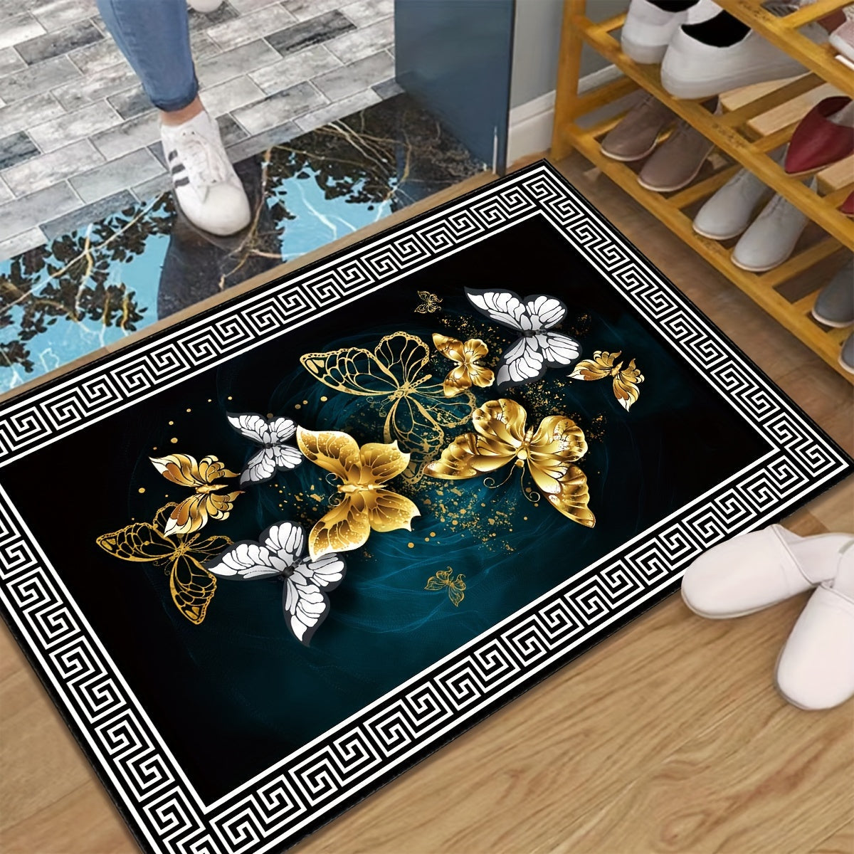 Add a touch of elegance to your home with our Elegant Black & Golden Butterfly Pattern Runner Mat. Made from soft and non-slip machine washable polyester, this mat is perfect for hallways, entryways, and bedrooms. Available in three sizes: 49.99x79.98cm