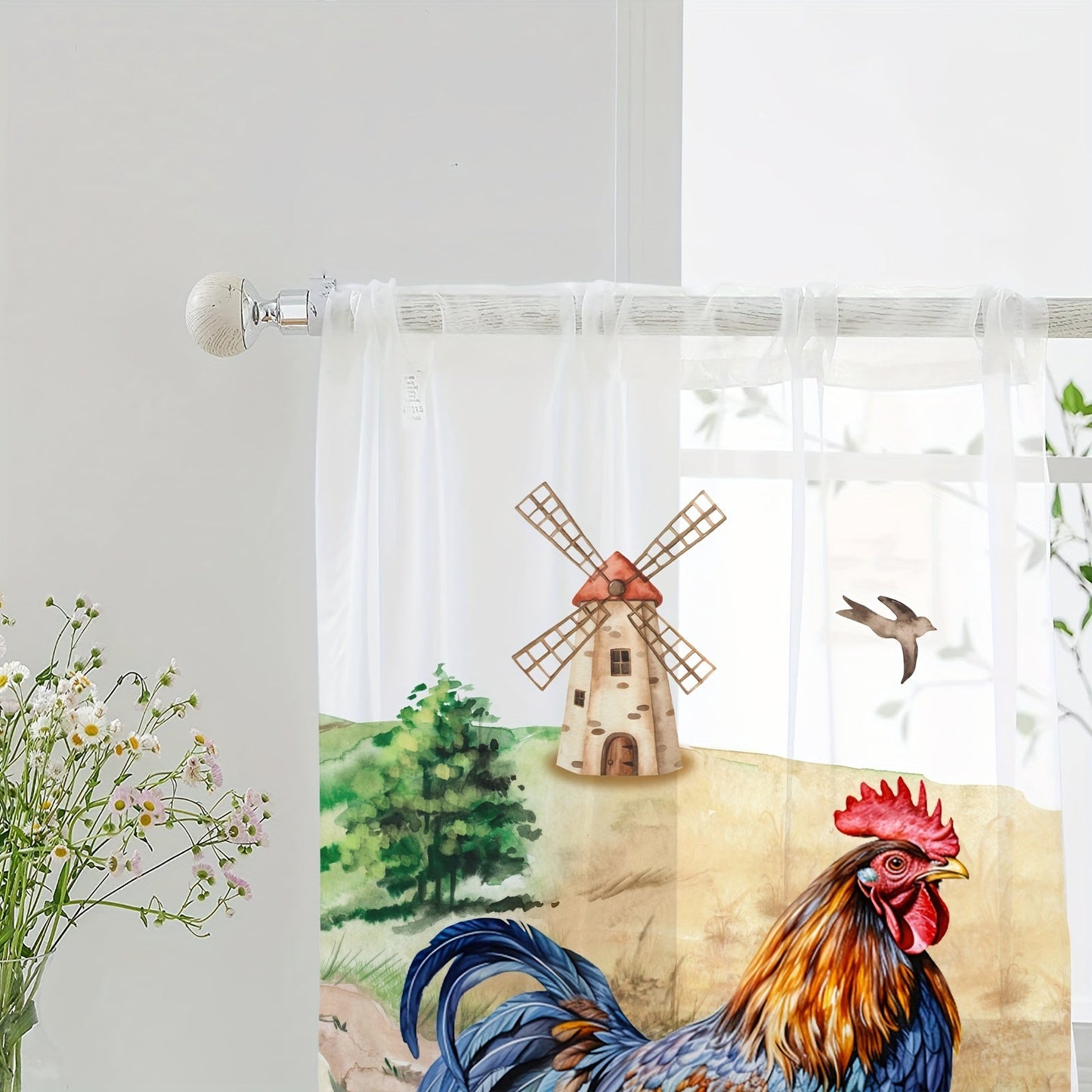 Rustic Farmhouse Chicken and Sunflower Curtain Set - 1 Valance and 2 Tiers, Pastoral Style, Rod Pocket Tulle Curtains for Bedroom, Office, Kitchen, Living Room, Study - Home Decor Window Decoration