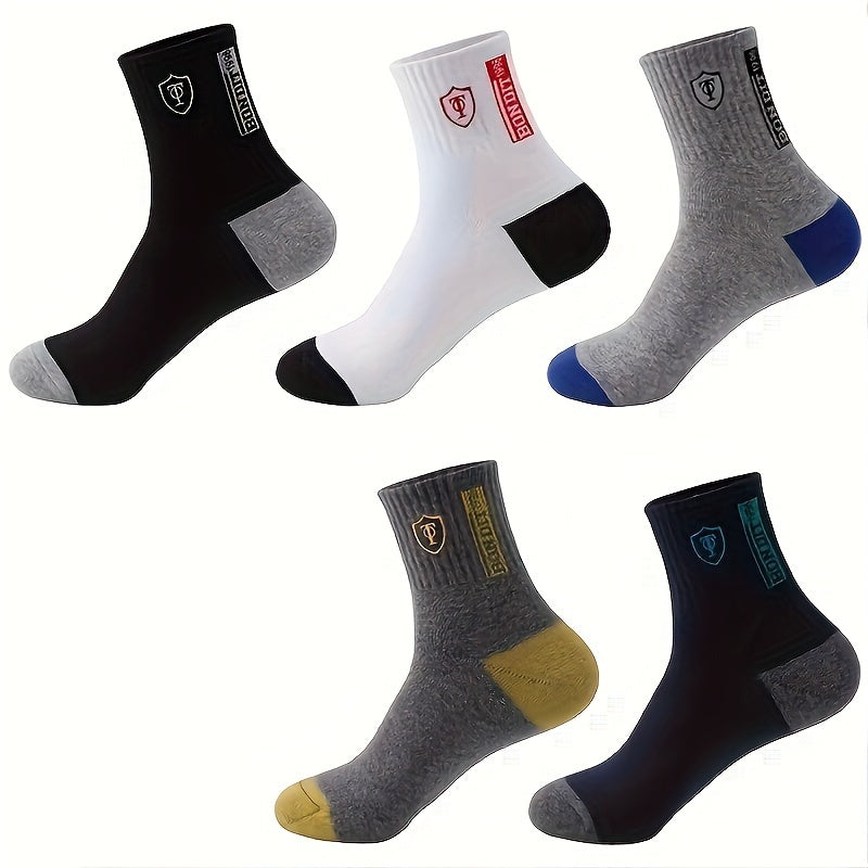 5 pairs of comfortable, trendy crew socks for men, breathable and soft for casual wear.