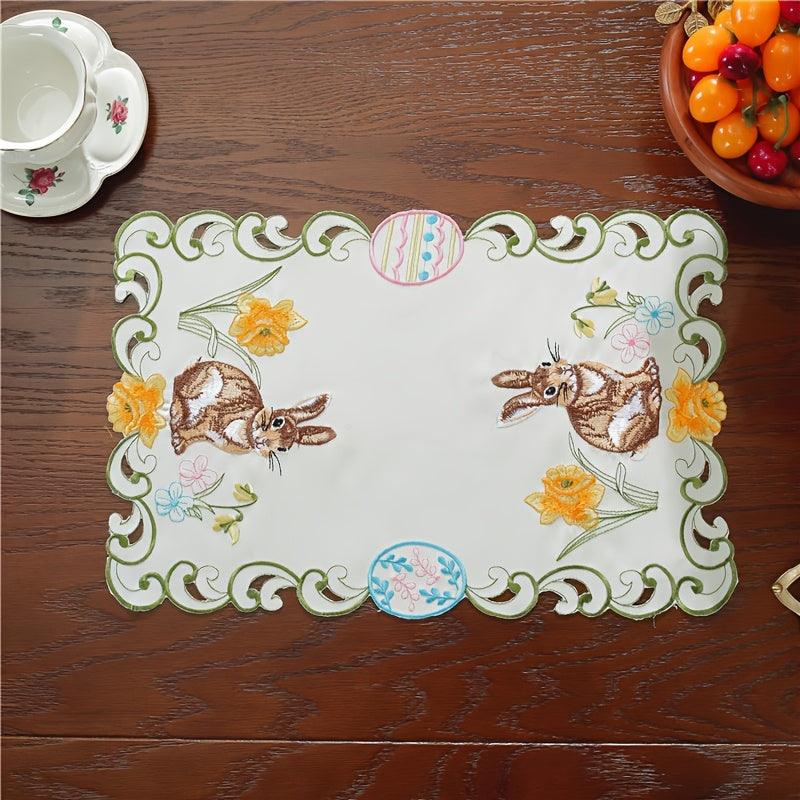 Elegant Easter Bunny & Egg Table Runner: 100% polyester with handcrafted floral design, perfect for Spring celebrations and home decor.