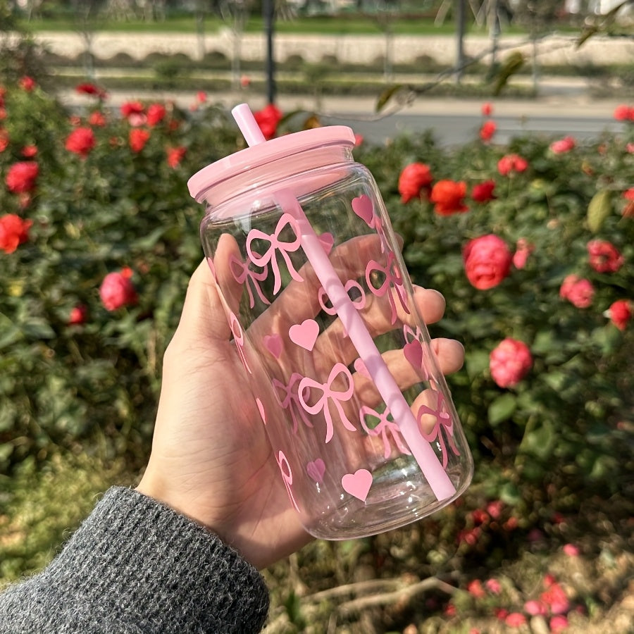 16oz Pink Bowknot Travel Mug with Straw & Lid - Perfect Gift for Valentine's Day and Mother's Day, BPA-Free Plastic