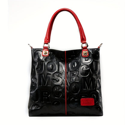 Luxurious red cowhide tote bag for women with geometric pattern, zip closure, polyester lining, and genuine leather material.