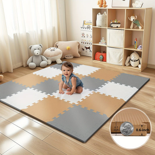 12 to 16 pieces of play mat made from EVA foam interlocking tiles. This spliceable crawling mat can be used indoors or outdoors, and features a non-slip 'S Floor design in a mixed color pattern.