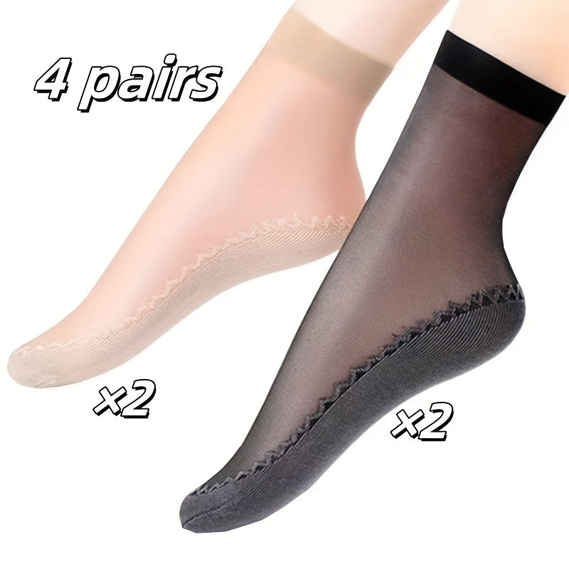 4 pairs of women's sheer ankle socks with non-slip transparent toe protector, breathable nylon knit fabric. Made of 85% Polyamide and 15% Elastane. Solid color, hand wash recommended. 100