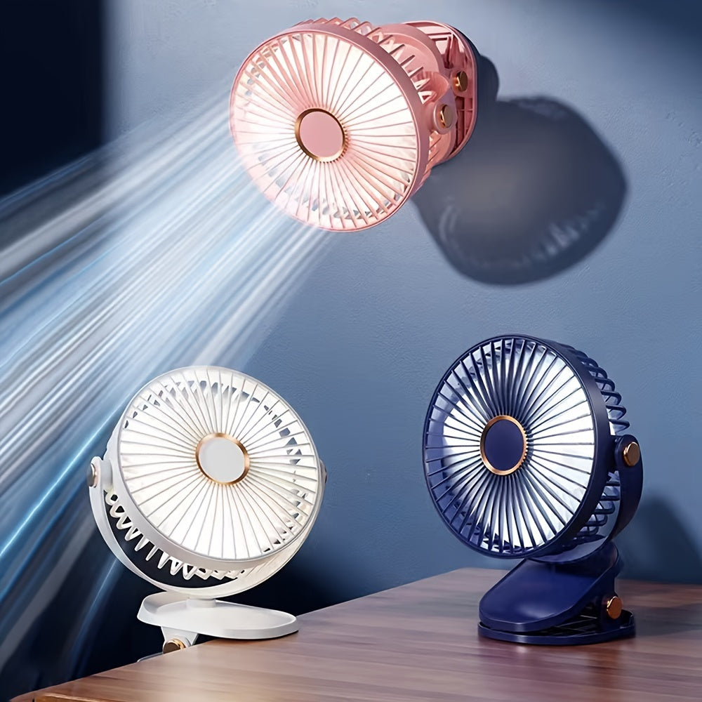 Portable silent desktop fan featuring powerful wind, energy-efficient biomimetic fan blades, five-speed wind adjustment, built-in battery with long-lasting USB charging, 720-degree adjustable air supply, and a 6-inch extra-large air outlet.