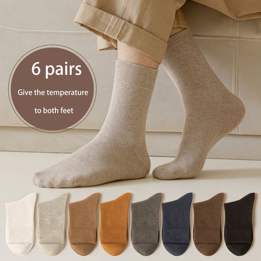 6 pairs of EIGENER Men's cotton mid-calf socks in black and other solid colors. Soft knit with ribbed cuffs for casual wear. Comfortable and breathable.