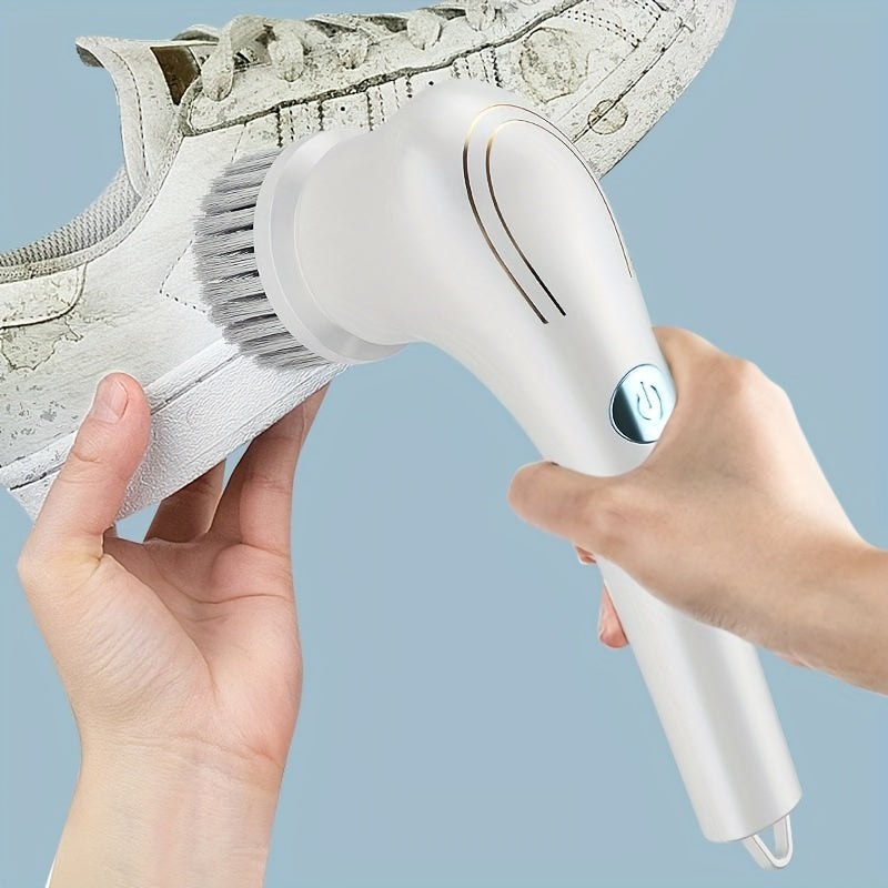 A cordless handheld cleaning brush with 5 interchangeable brush heads for use in bathrooms and kitchens.