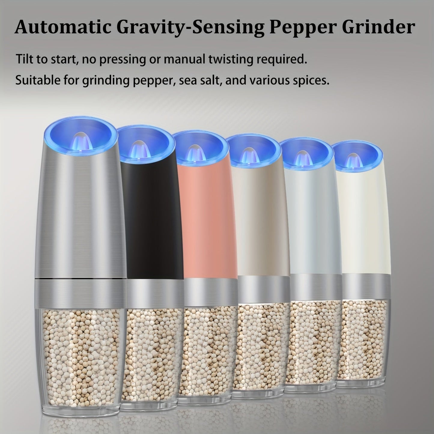 Electric Salt and Pepper Grinder Set with Adjustable Coarseness, Battery Operated, LED Light, One-hand Operation, Stainless Steel - Available in Multiple Colors.