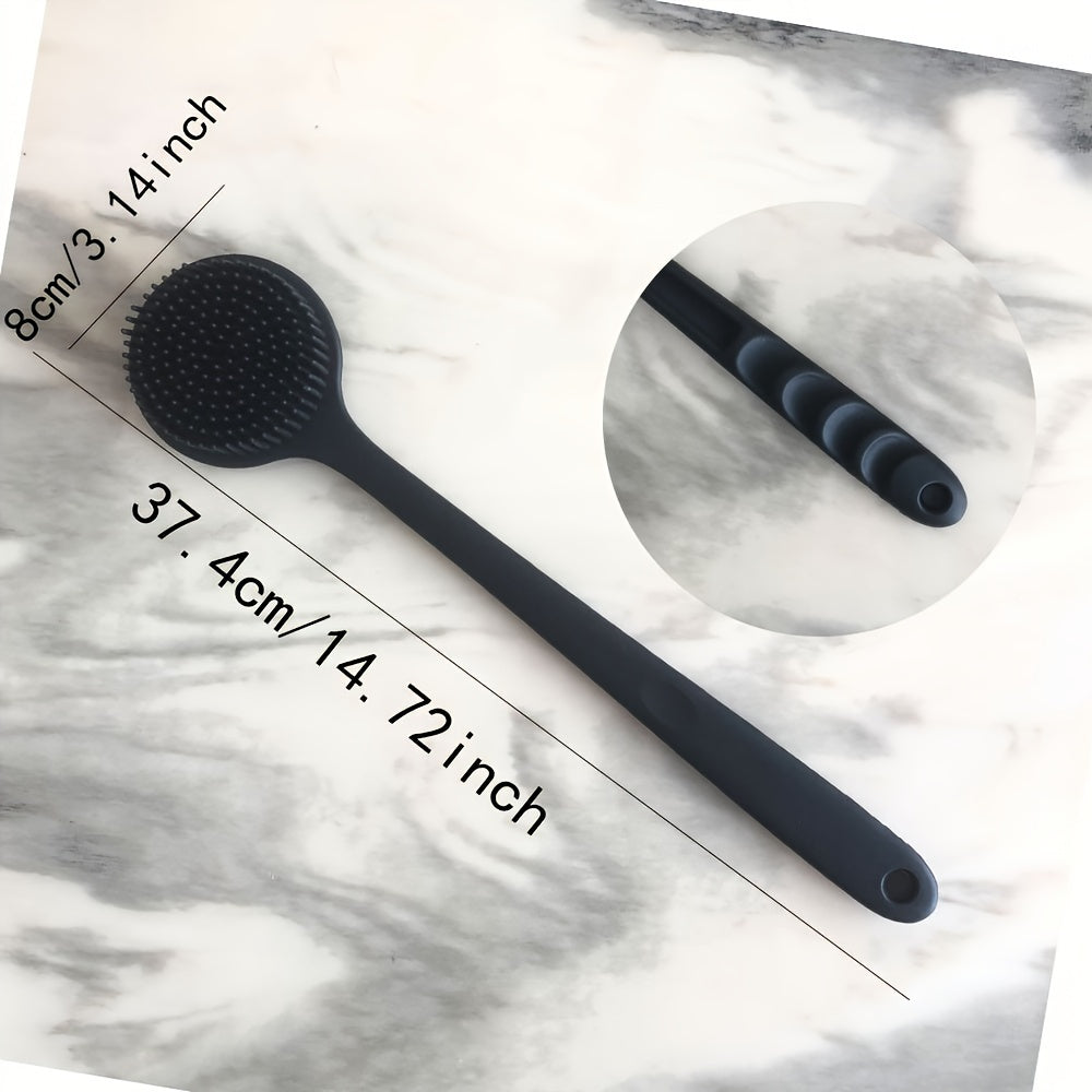 Double-sided soft silicone bath brush with long handle for gentle deep cleansing and skin care. Battery-free and suitable for gifts.