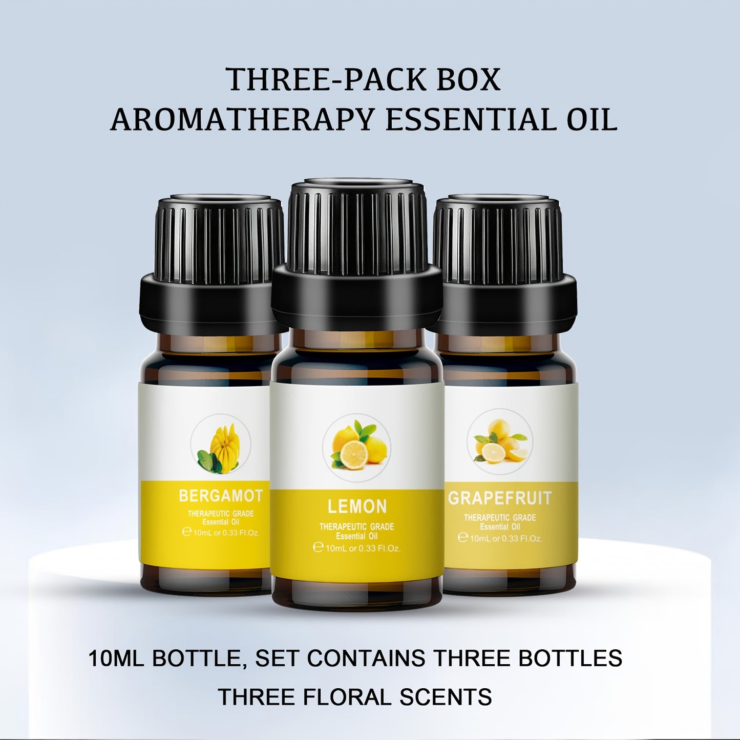 1 Set of Aromatherapy Essential Oils: Bergamot, Grapefruit, and Lemon scents, for diffusers, humidifiers, and car aromatherapy. Mood-lifting, under 1L liquid quantity, with active lemon