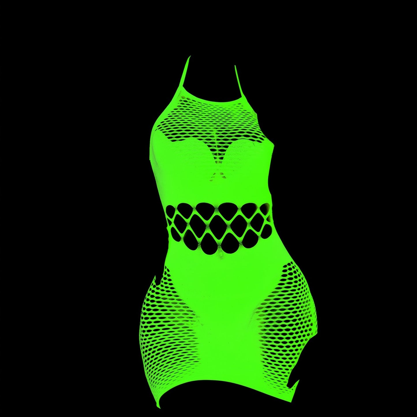 Plus-size glow-in-the-dark lace fishnet dress lingerie with see-through halter design.