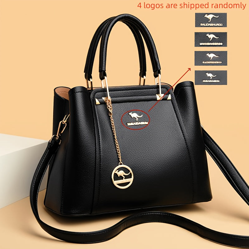 Stylish black synthetic leather handbag for women, with detachable shoulder strap, golden-tone hardware, and anti-theft design. Perfect for work, parties, and gifts.