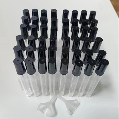 48 mini 10ml glass spray bottles in sleek black and transparent design, ideal for travel, perfect for perfumes, essential oils, and hydrating mist.