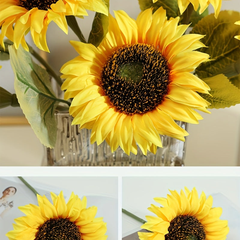 8-piece vibrant yellow sunflower bouquet for Thanksgiving, Christmas, autumn weddings, and home decor. Made from real touch silk artificial flowers.