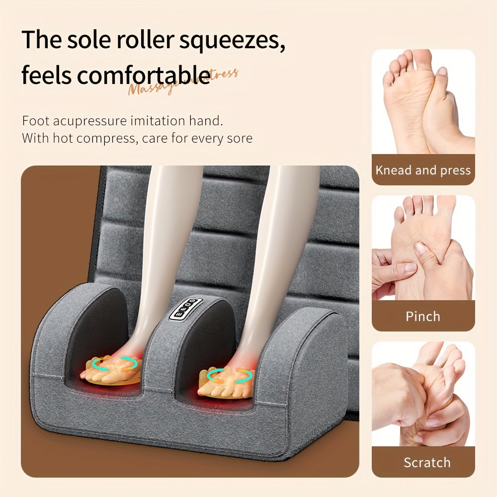 Full-body massage mat with heat and foot massager, including whole body vibration, 9 massage settings, and 3 timer options. Targets back, neck, lumbar, legs, and feet.