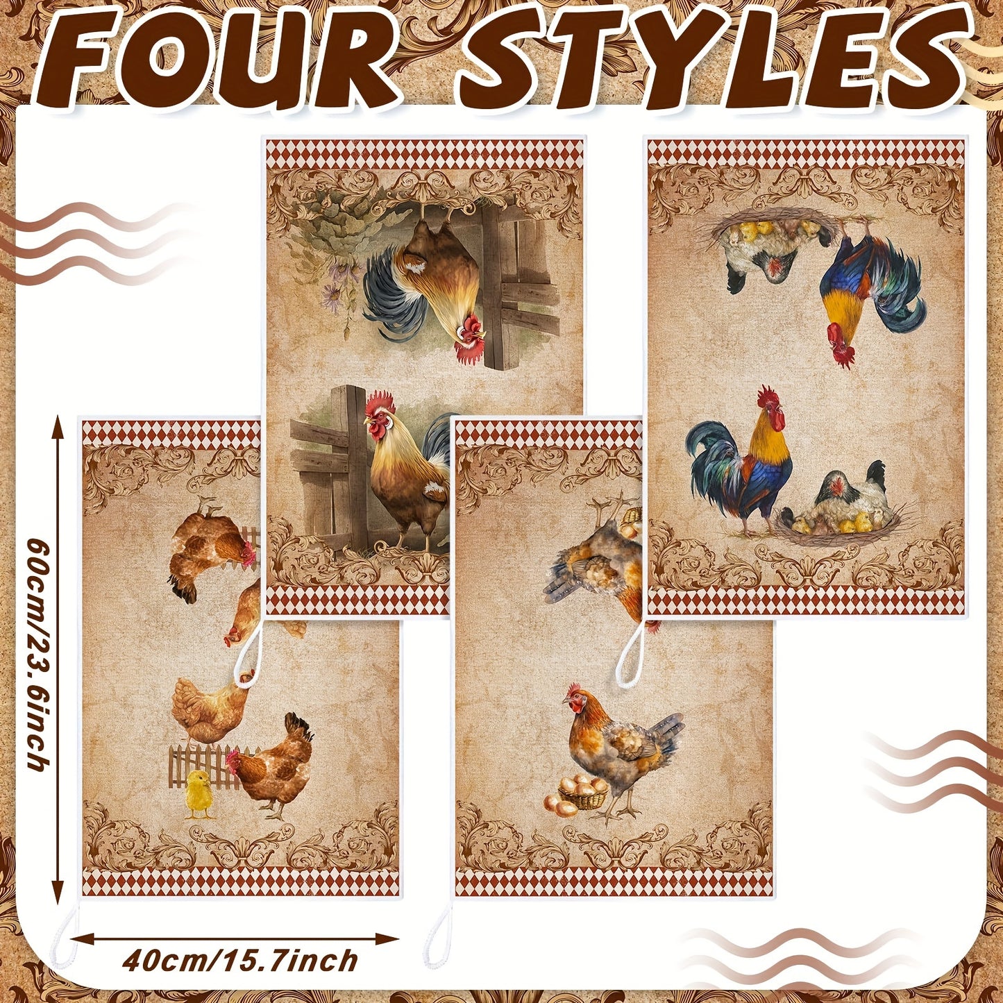 4pc Rustic Rooster Kitchen Hand Towels, Polyester Dish Cloths, Country Style Vintage Christmas Tea Towels