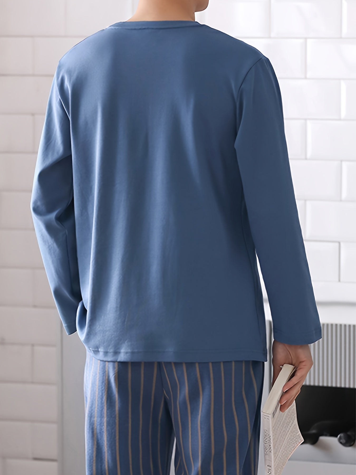 Navy Blue Striped Men's Pajama Set with Pockets - Made of Cozy Polyester, Machine Washable