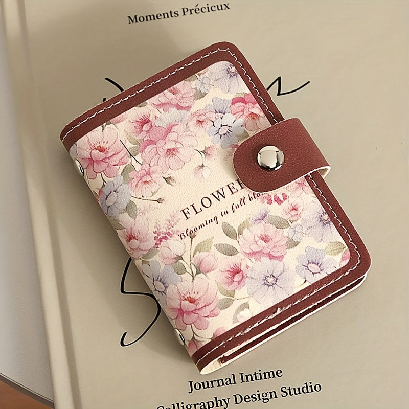 Compact floral credit card holder with delicate design, multiple card slots, and large capacity for driver's license, business cards, and documents.