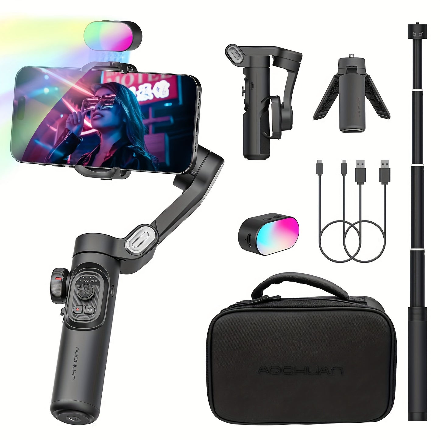 Phone gimbal stabilizer kit for Android phones with extension rod, storage bag, follow focus wheel, inception mode, and vlogging capabilities.