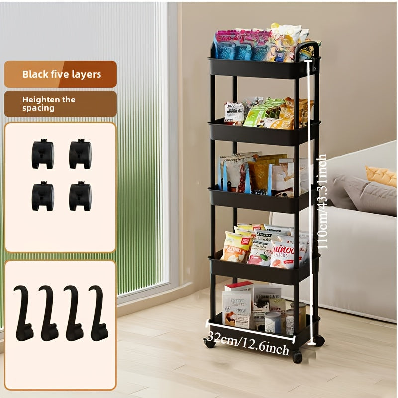 Versatile Mobile Utility Cart Organizer with Multi-Tier Storage, Sturdy Plastic Material, 360 Degree Swivel Wheels, Ideal for Various Rooms - Available in Black or White. Perfect for Living Room, Bathroom, Bedroom, Kitchen. Convenient and Durable Rolling