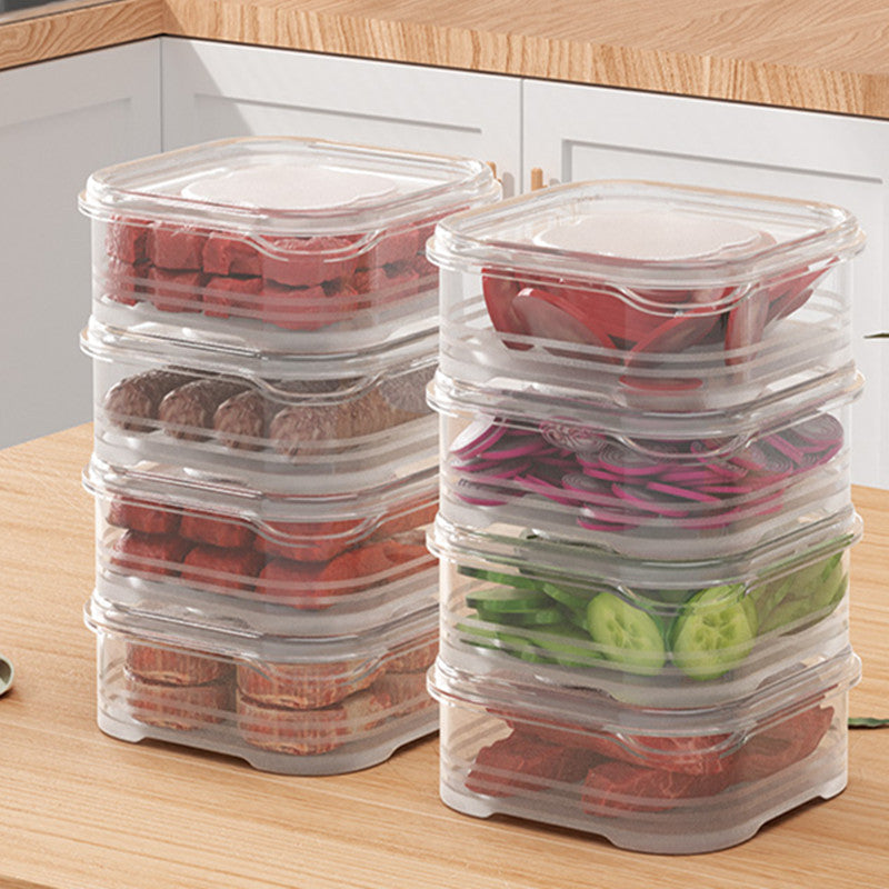 Clear Plastic Containers for Refrigerator with Lids - Set of 4, 8, or 10. Ideal for storing and keeping food fresh in the fridge. Dishwasher safe. Perfect for storing fruits, vegetables, dumplings, meat, ginger, garlic, green onions, and more. A