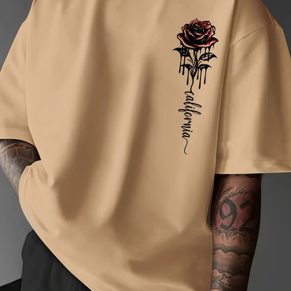 Men's loose fit crew neck polyester blend t-shirt with rose print, perfect for summer casual wear.