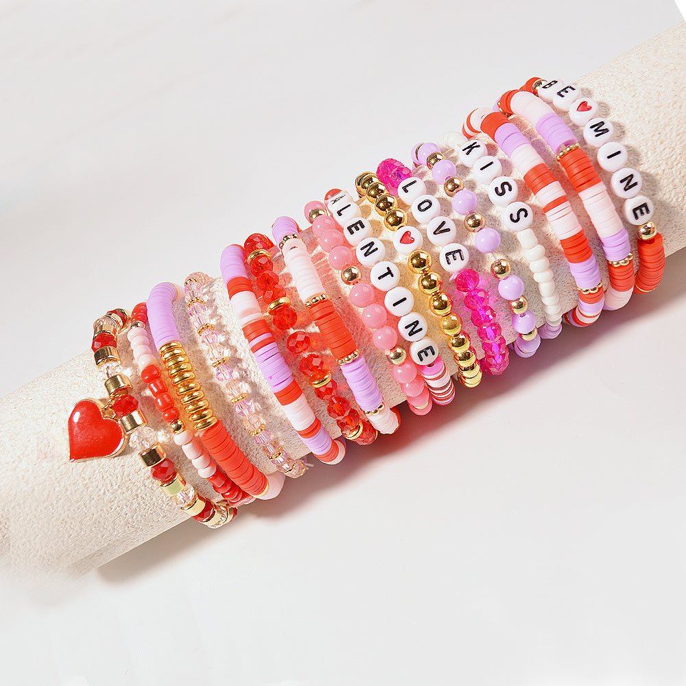 Valentine's Day Bracelet set made with Polymer Clay, featuring 16 pieces with a sexy style perfect for expressing love and friendship. This beaded jewelry is ideal for women to wear daily or for special festive celebrations. A perfect gift for