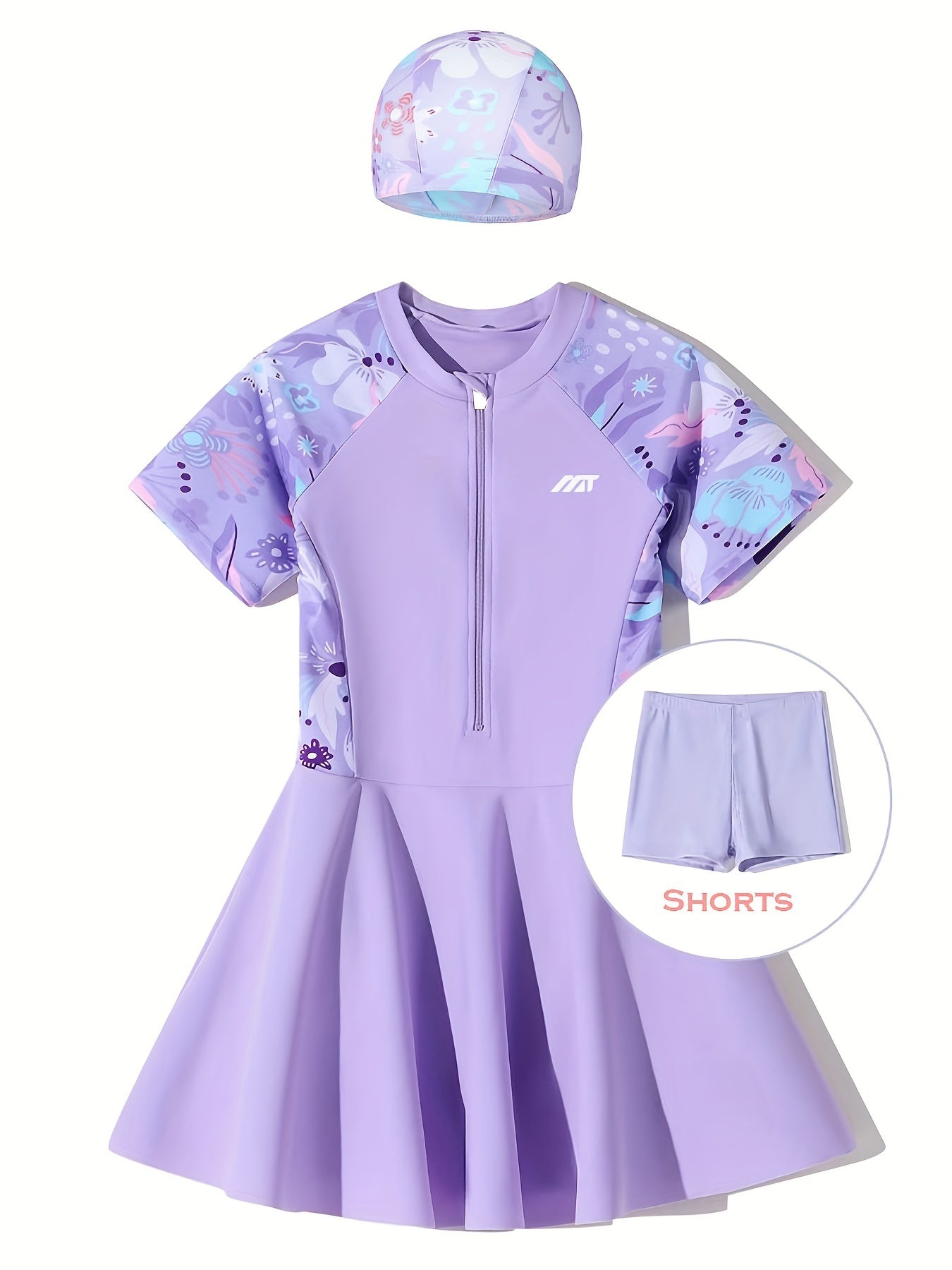 Girls' swimwear including short-sleeve dress suits for swimming vacations, beach outings, lessons, and sports training for ages 3-16.