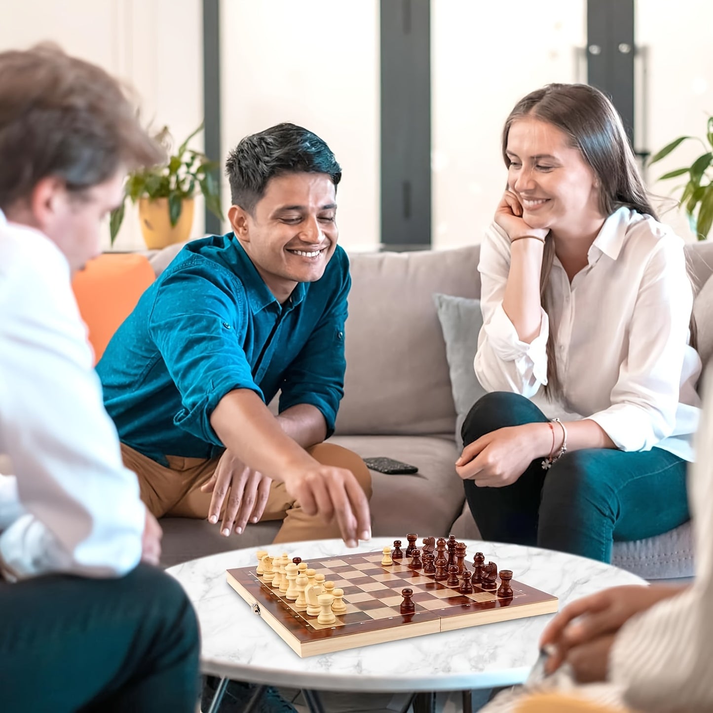 Wooden 3-in-1 strategy game set includes Chess, Checkers, and Backgammon. Suitable for adults and teens 14+. Portable and foldable board with pieces for travel.